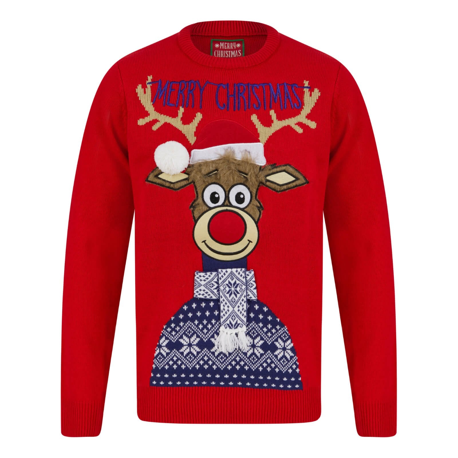 Mr Crimbo Mens Classic Rudolph Faux Fur Christmas Jumper - MrCrimbo.co.uk -SRG1A17389_F - Red -Blue